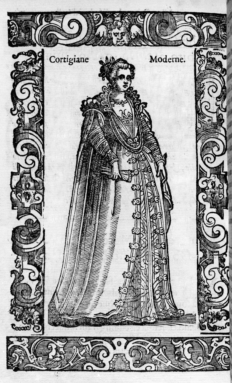 Renessanssi: roomalainen kurtisaani 1500-luvulla. Kaiverrus Cesare Vecellion "" Modern and Ancient Costumes" -julkaisusta tekijältä Cesare (attr. to) Vecellio