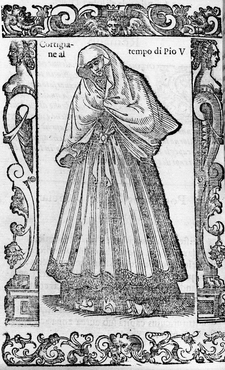 Renessanssi: kurtisaani paavi Pius V:n (1566-1572) aikana. Kaiverrus Cesare Vecellion "" Modern and Ancient Costumes" -julkaisusta tekijältä Cesare (attr. to) Vecellio