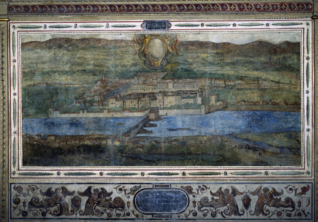Näkymä Innsbruckin kaupunkiin, Itävalta. Näkymä Habsburgien valtakunnan kaupungeista. Fresko Michelozzon hovista Firenzen Palazzo Vecchiossa. Sebastiano Veronesen Giovanni Lombardin, Cesare Baglionin ja Turino da Piamonten maalaus, noin 1565. Siz tekijältä Cesare Baglioni
