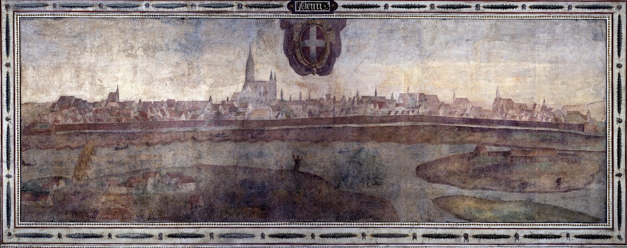 Näkymä Wienin kaupunkiin, Itävalta. Näkymä Habsburgien valtakunnan kaupungeista. Fresko Michelozzon hovista Palazzo Vecchiossa Firenzessä. Sebastiano Veronesen Giovanni Lombardin, Cesare Baglionin ja Turino da Piamonten maalaus, noin 1565. Koko: tekijältä Cesare Baglioni