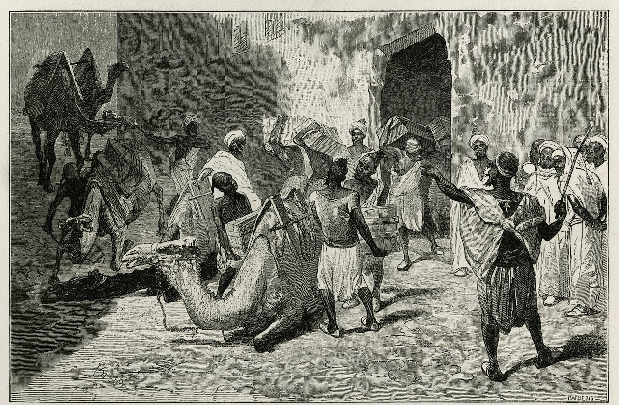 Kamelien lastaus tarinan kirjoittajan Atangerin karavaanista, Biseon kaiverrus havainnollistamaan Edmondo de Amicisin tarinaa Le Maroc, vuonna 1875, julkaistu tour du mondessa, Edouard Chartonin johdolla. tekijältä Cesare Biseo