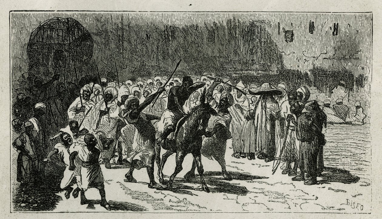varkaan puhe, kiipeää muulin selkään, hän saa pamppuja väkijoukon sävyjen alla, C. Biseon kaiverrus havainnollistamaan Edmondo de Amicisin tarinaa Le Maroc, vuonna 1875, julkaistu tour du monde -lehdessä. Edouard Chartonin suuntaan tekijältä Cesare Biseo