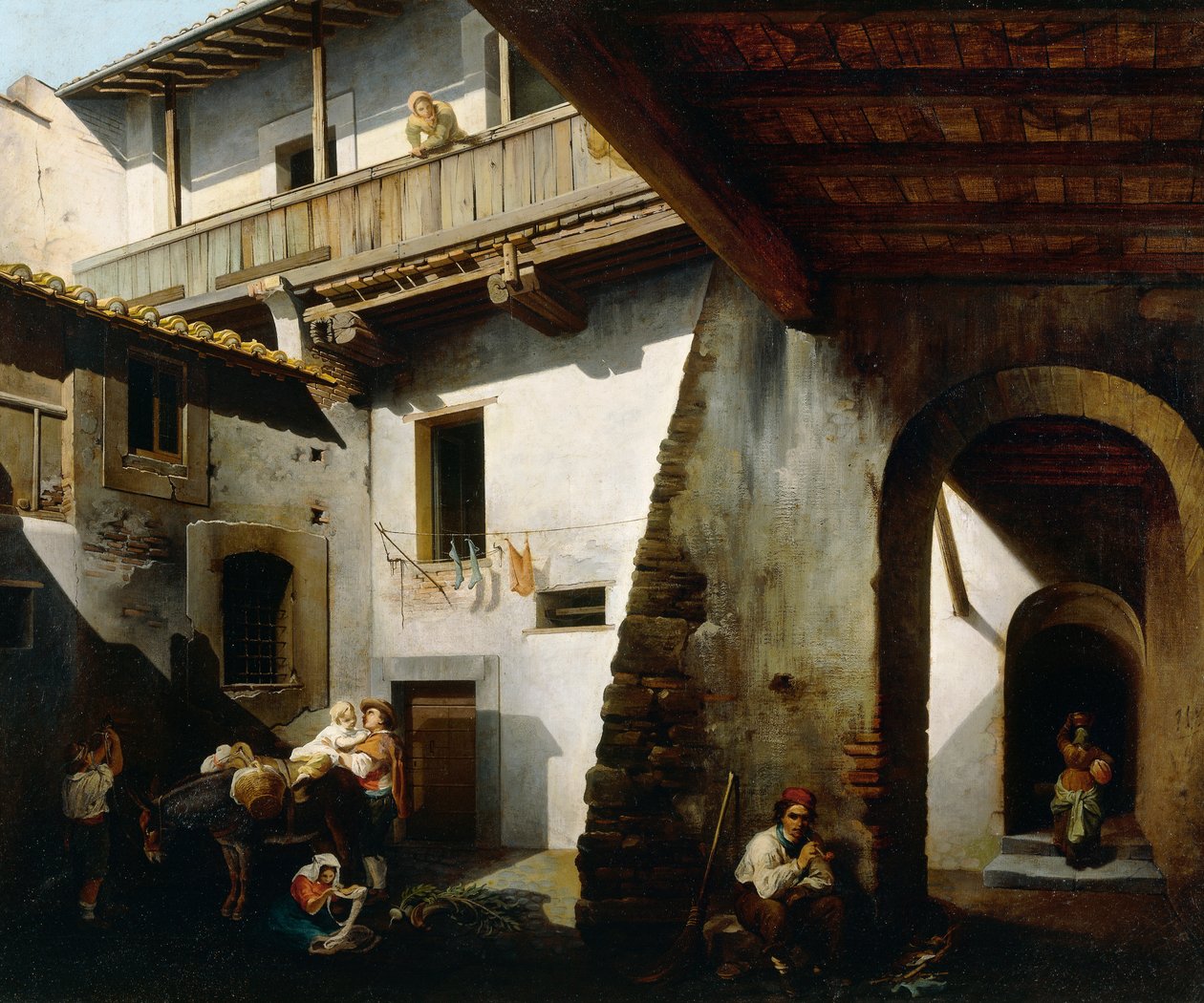 Majatalon sisäpiha talonpoikien kanssa, kirjoittanut Cesare Coghetti (toiminut 1850-1899) tekijältä Cesare Coghetti