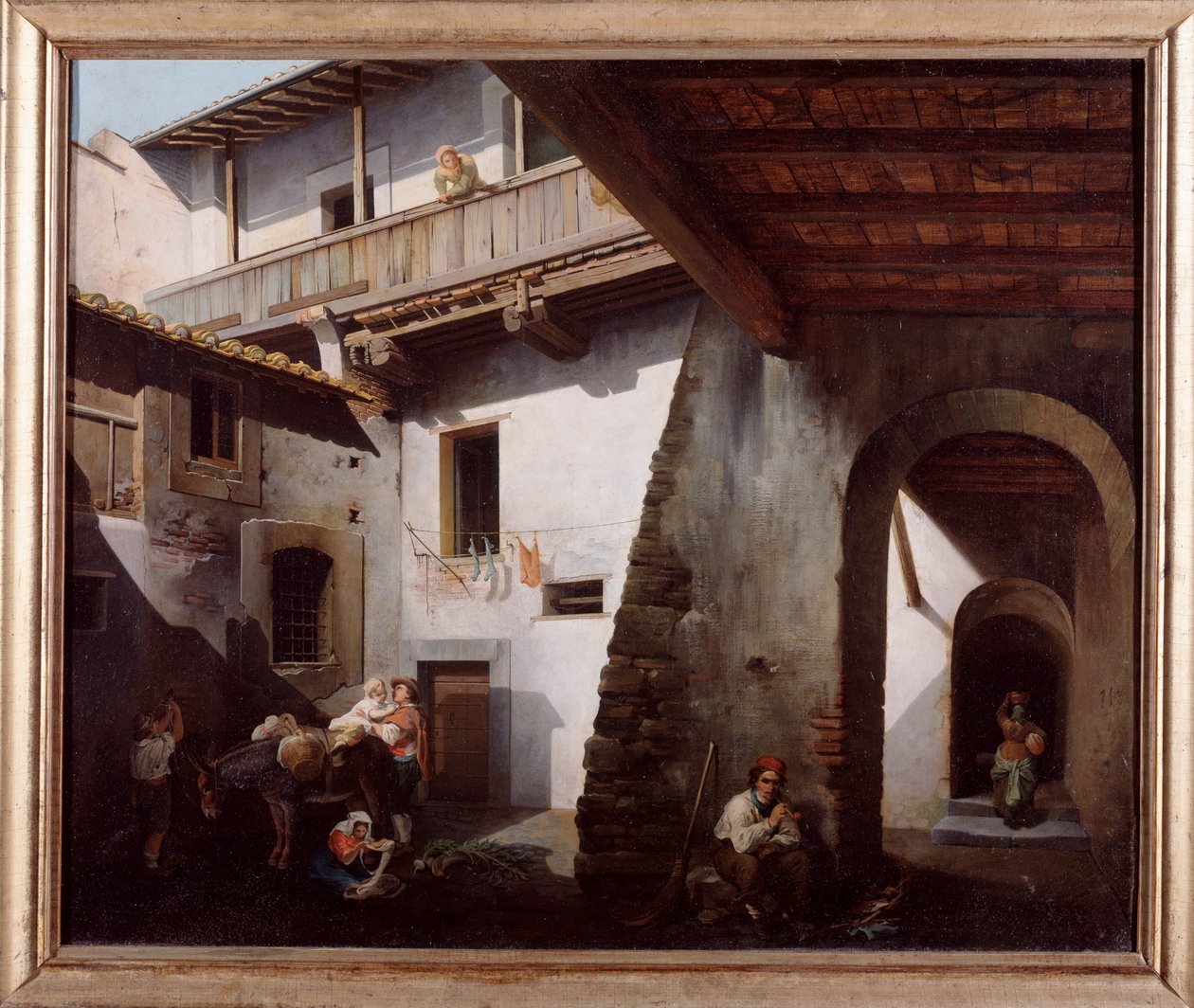 Talonpojat majatalon pihalla (italialaiset talonpojat majatalon pihalla) Cesare Coghettin maalaus (toiminut 1859-1881) 1863 Koko 70x85 cm Genes, Galleria d