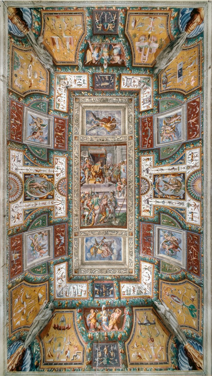 Pier Maria Rossi, jolla on Pyhän Mikaelin ritarikunnan kunnia, Näkymä Sala delle Gesta Rossianen katolle, Rocca dei Rossi, San Secondo, Parma, Italia, n. 1570 (fresko) tekijältä Cesare and Jacopo Bertoia and others Baglione