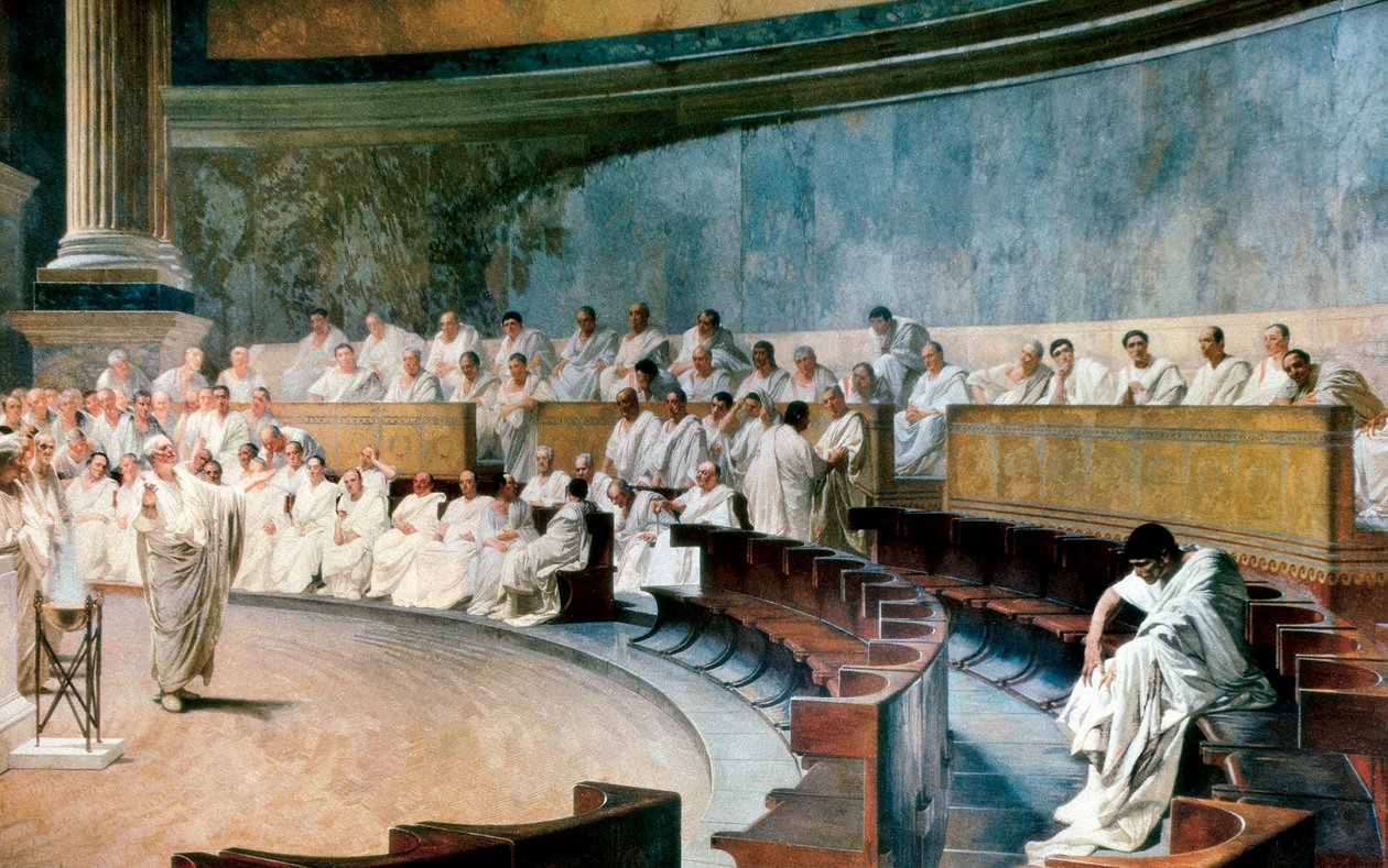 Cicero paljastaa Catilina 8. marraskuuta 63 eKr. Kohtaus tapahtuu Roomassa senaatissa, freskon vuosina 1882-1888 valmistama Cesare Maccari tekijältä Cesare Maccari