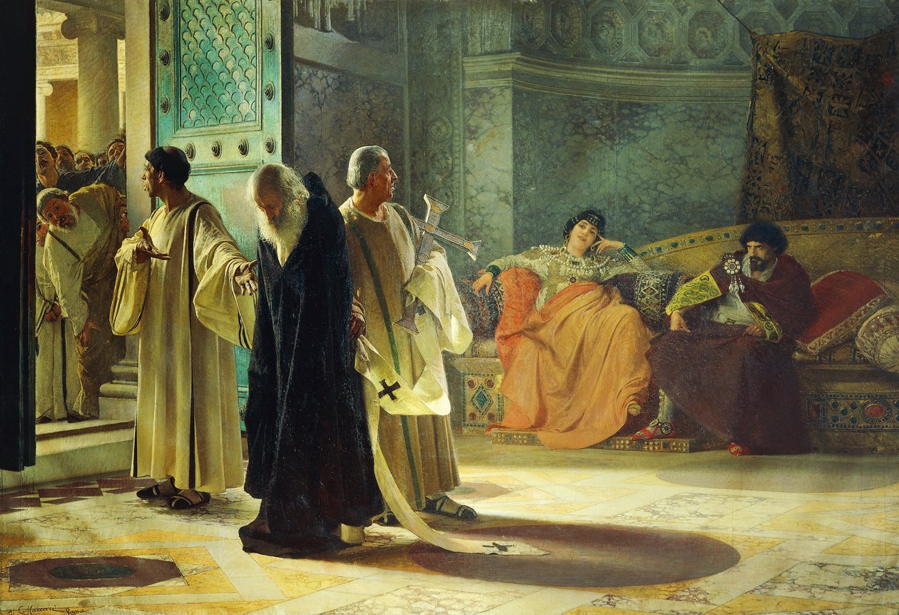 Paavi Silverion laskeuma, 537, öljy kankaalle, kirjoittanut Cesare Maccari (1840-1919) tekijältä Cesare Maccari