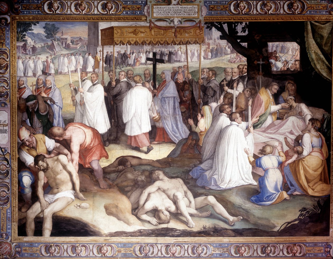 Milanon rutto: Saint Charles Borromeo (San Carlo Borromeo) (1538 - 1584) kommunikoi kuolevaisten. Carlo Nebbian fresko Borromeo Collegessa Paviassa. 16. vuosisata tekijältä Cesare Nebbia