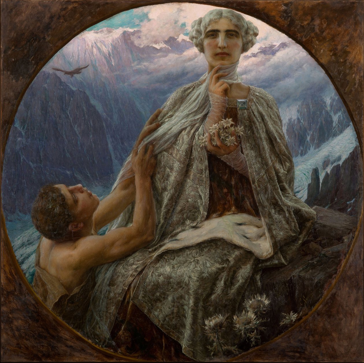 Vuoren huippu. Ice Queen - Vuorenhuippu. Jääkuningatar, Saccaggi, Cesare (1868-1934). Öljy kankaalle, koko: D 140 tekijältä Cesare Saccaggi