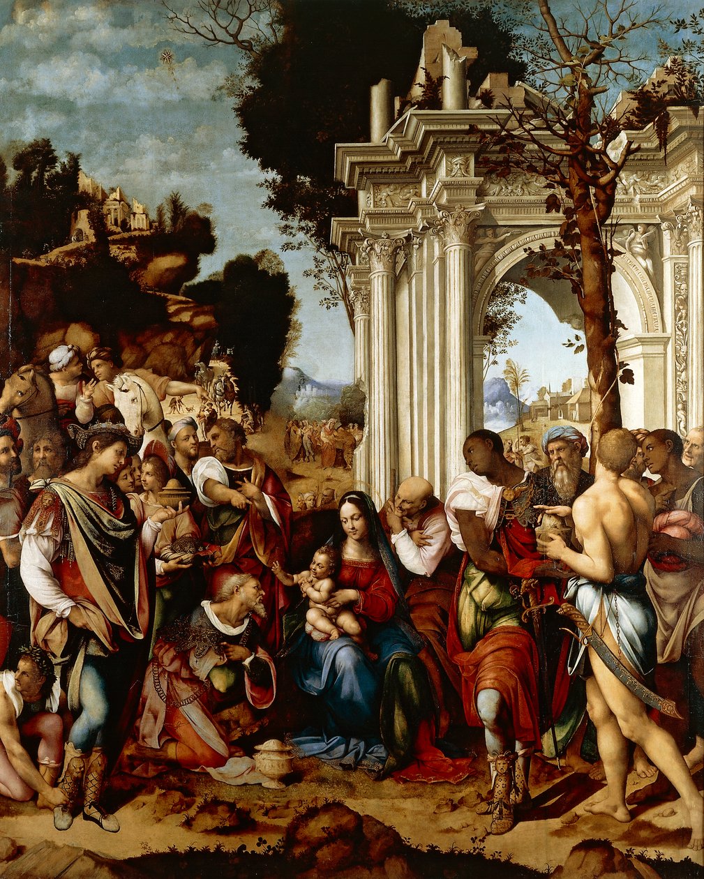 Adoration of Magi, Cesare da Sesto (1477-1523), Öljy kankaalle tekijältä Cesare da Sesto
