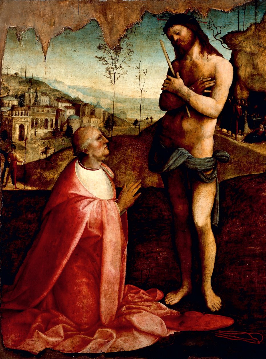 Kristus kärsivä ja kardinaali Oliviero Carafa rukouksessa, kirjoittanut Cesare da Sesto (1477-1523) tekijältä Cesare da Sesto