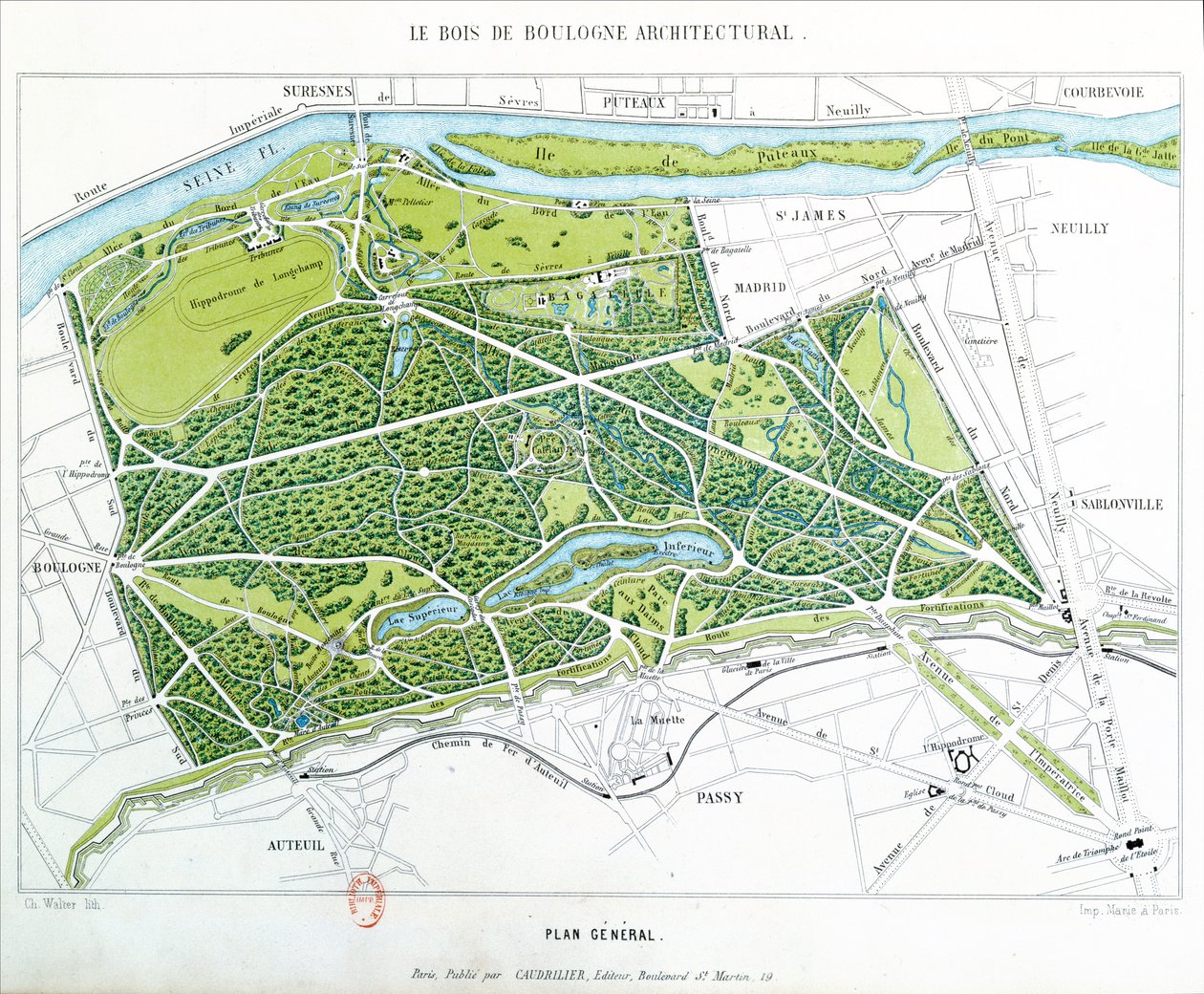 Pariisin Bois de Boulognen suunnitelma, julkaissut Caudrilier, 1860 tekijältä Ch. Walter