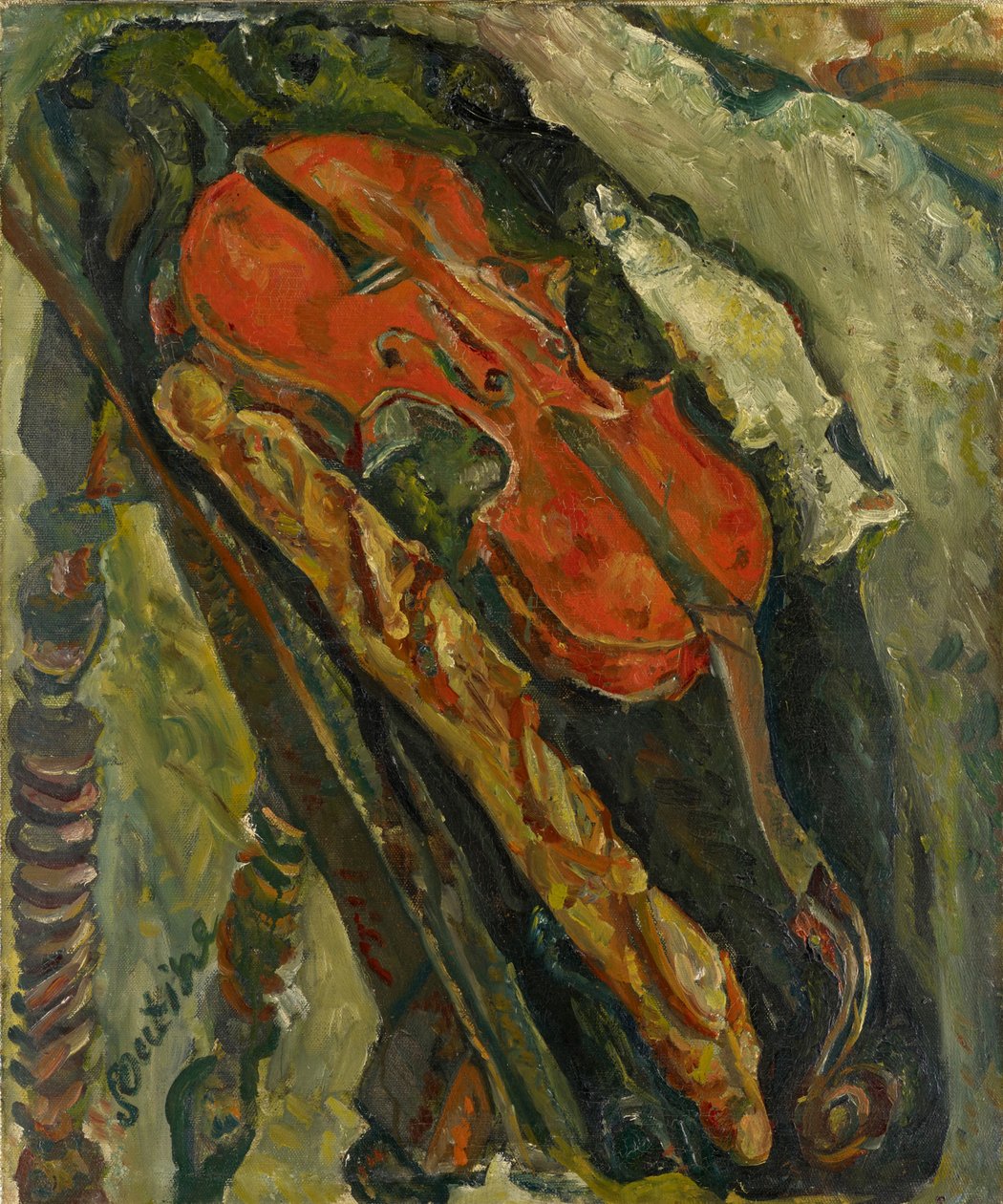 Nature morte au viulon, pain et poisson Asetelma viululla, leipä ja kala, n. 1922. tekijältä Chaim Soutine