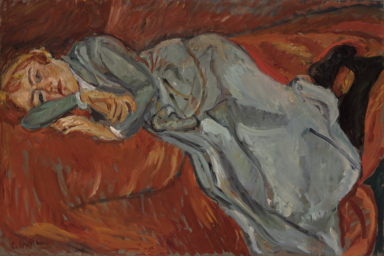 Nainen makaa punaisella sohvalla; Nainen makaa punaisella divaanilla, n. 1916 tekijältä Chaim Soutine