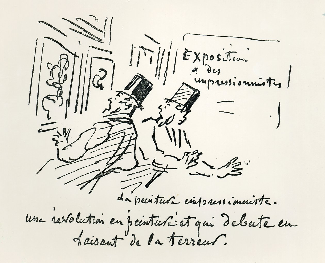 Karikatyyri ensimmäisestä impressionistisesta näyttelystä Pariisissa, "Revolution in Painting! Ja terrorisoiva alku", 1874 tekijältä Cham