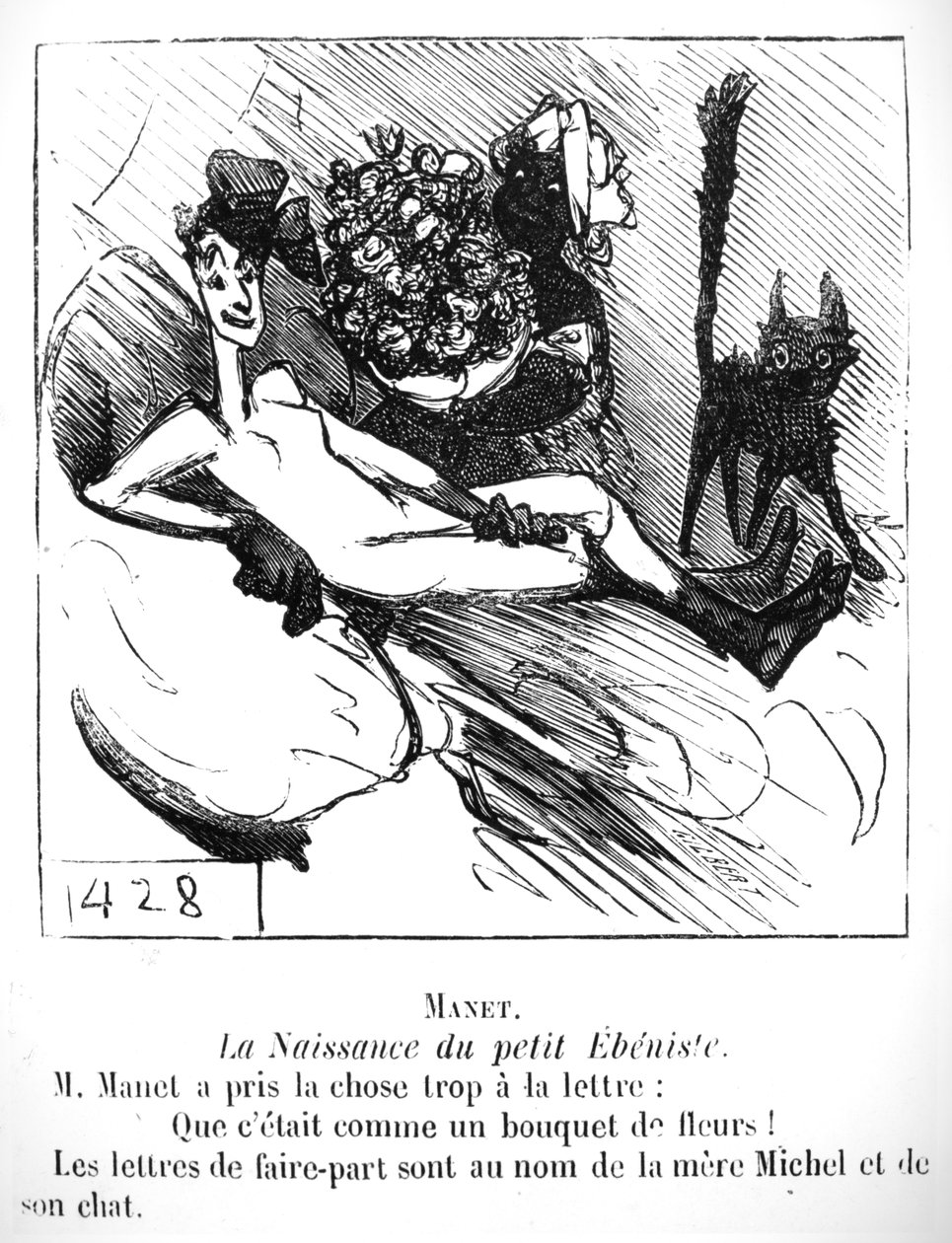 Pienen kaapintekijän syntymä, karikatyyri Le Charivarissa, 1865 tekijältä Cham