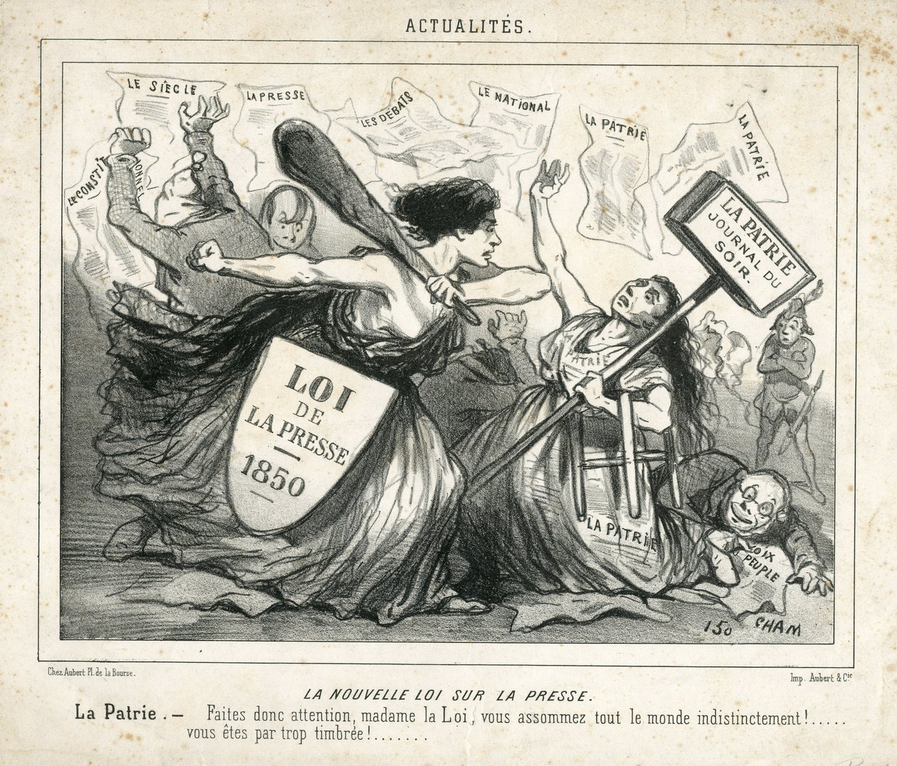 Kuva Chamista (1819-1879) Le Charivarissa, noin 1850-4-3 - Uusi lehdistölaki - Sensuuri, lehdistö/media, Loi - Proudhon Pierre-Joseph (1809-1965), Girardin Emile de (1806- 1881) - Allegorie tekijältä Amédée de Noé