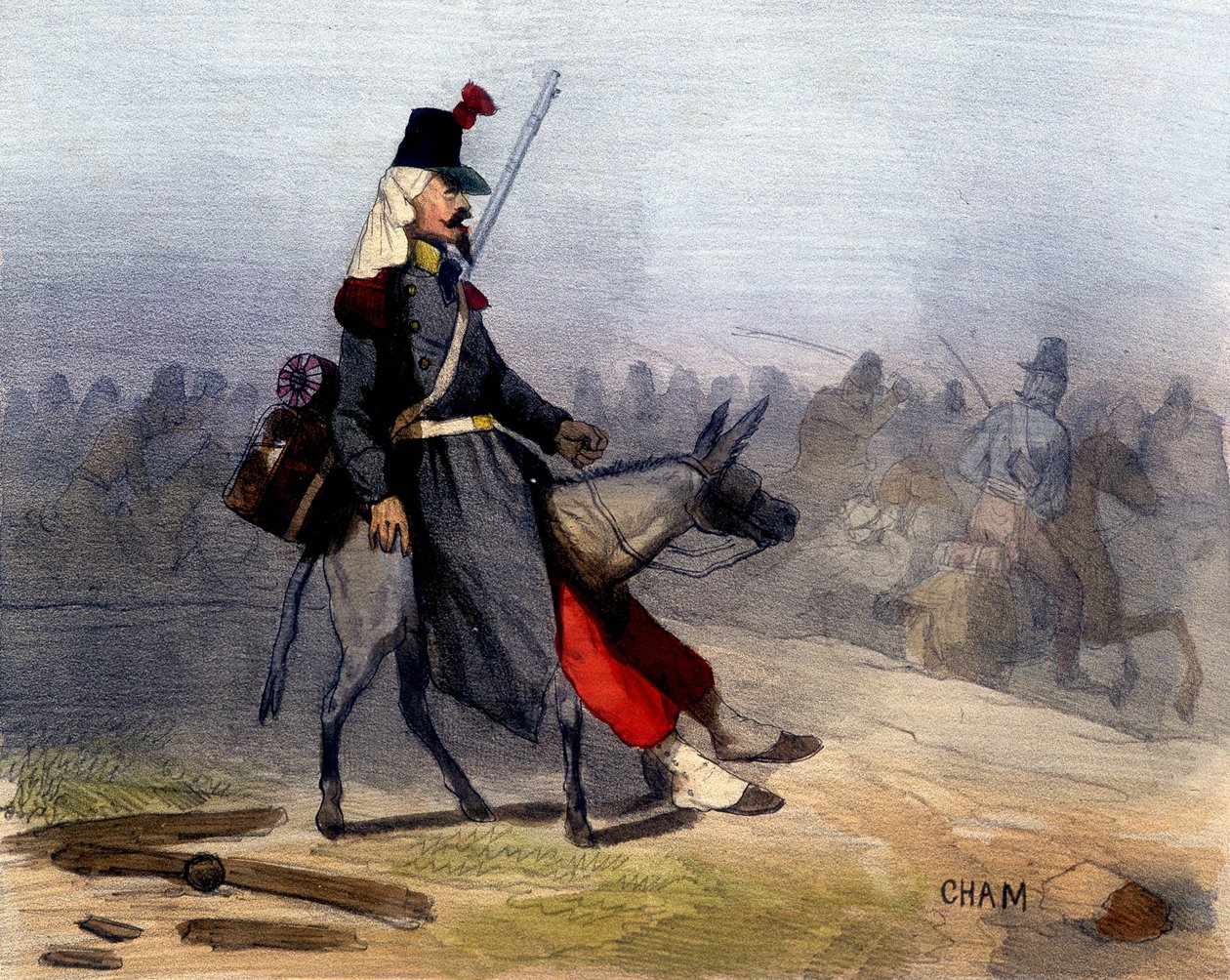 Nämä arabit: on vaikeaa, etteivät he halua jättää meitä yksin kotiin - Chamin teoksessa "A la guerre comme à la guerre", deb. 1800-luvulla tekijältä Amédée de Noé