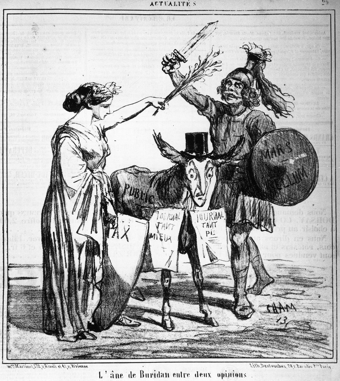 Buridanin aasi kahden mielipiteen välissä - Cham, kirjassa "" Charivari" 29.4.1859. tekijältä Amédée de Noé