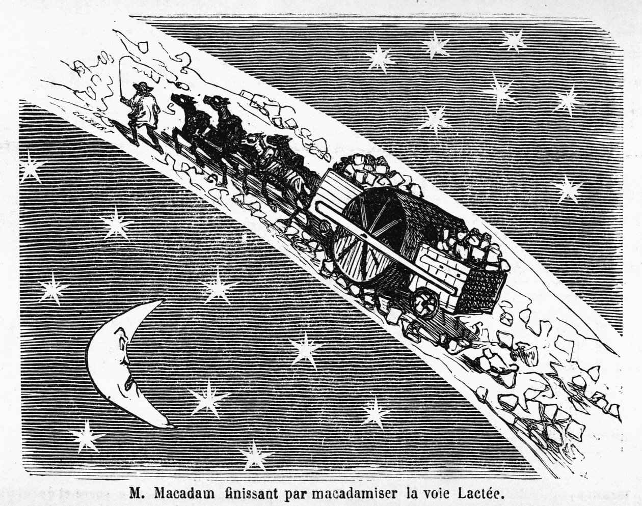 Skotlantilainen insinööri MacAdam (1756-1838), pilapiirros katujen kivipäällysteestä: "M. Macadam lopettaa Linnunradan päällystämisen" - teoksessa "Album Charivarique", ill. de Cham. tekijältä Amédée de Noé