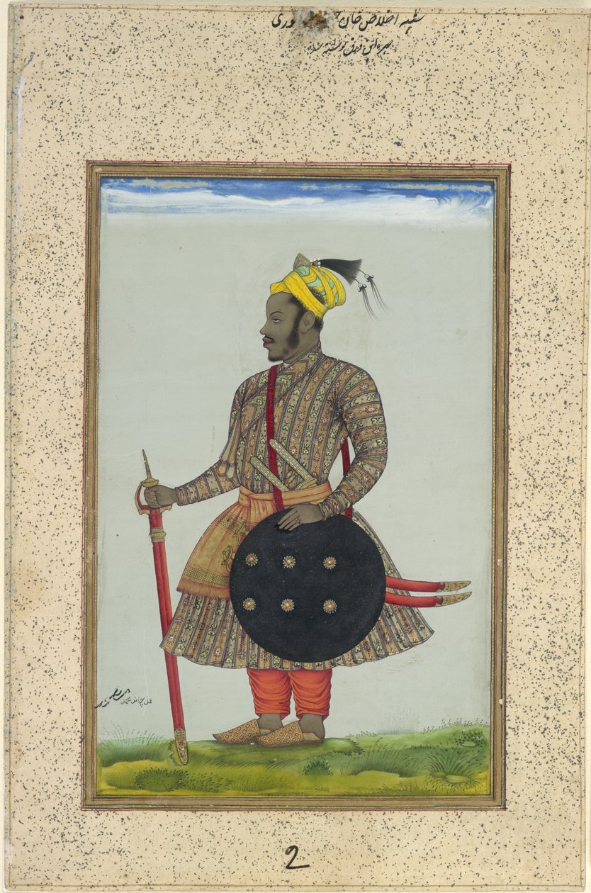 Ikhlas Khan, Abessinian upseeri "Adil Shahi -dynastian" palveluksessa, n. 1640 (guassi ja kultaa paperilla) tekijältä Chand Muhammad