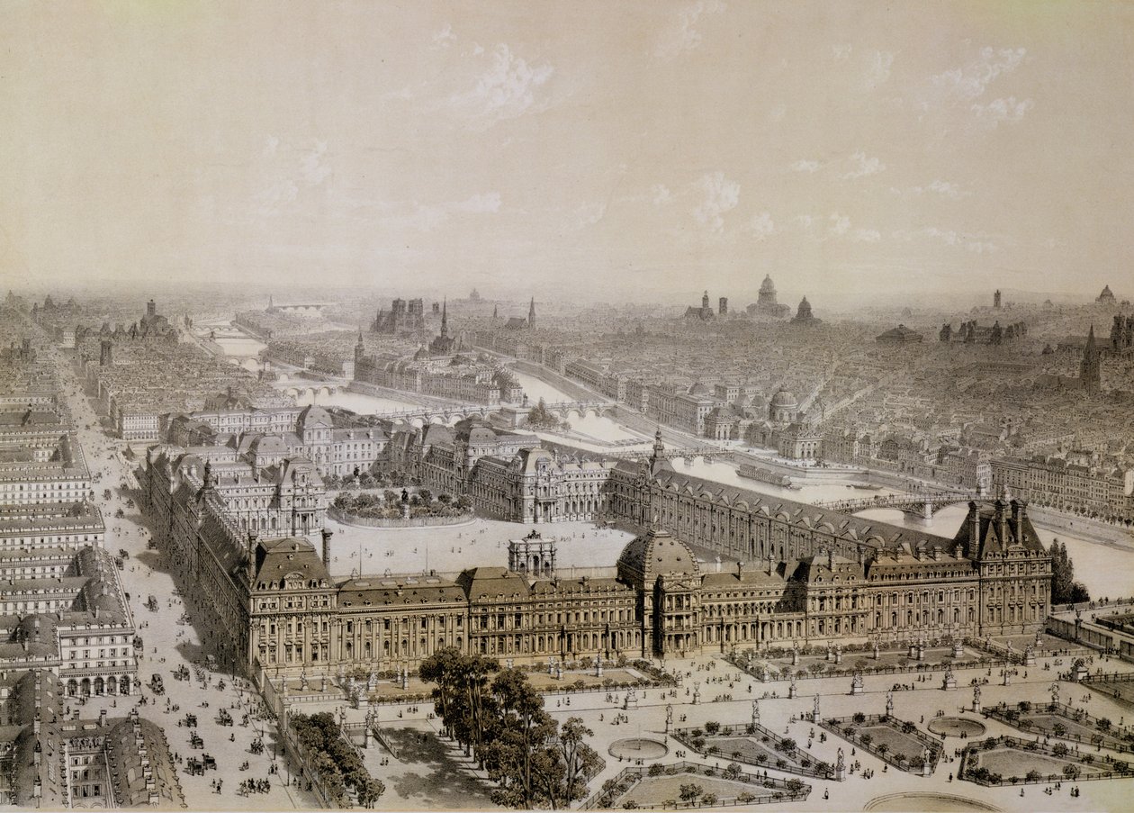 Valmis Louvre ja uusi Rue de Rivoli, kaiverrus Philippe Benoist (1813-n. 1905) tekijältä Chapuis