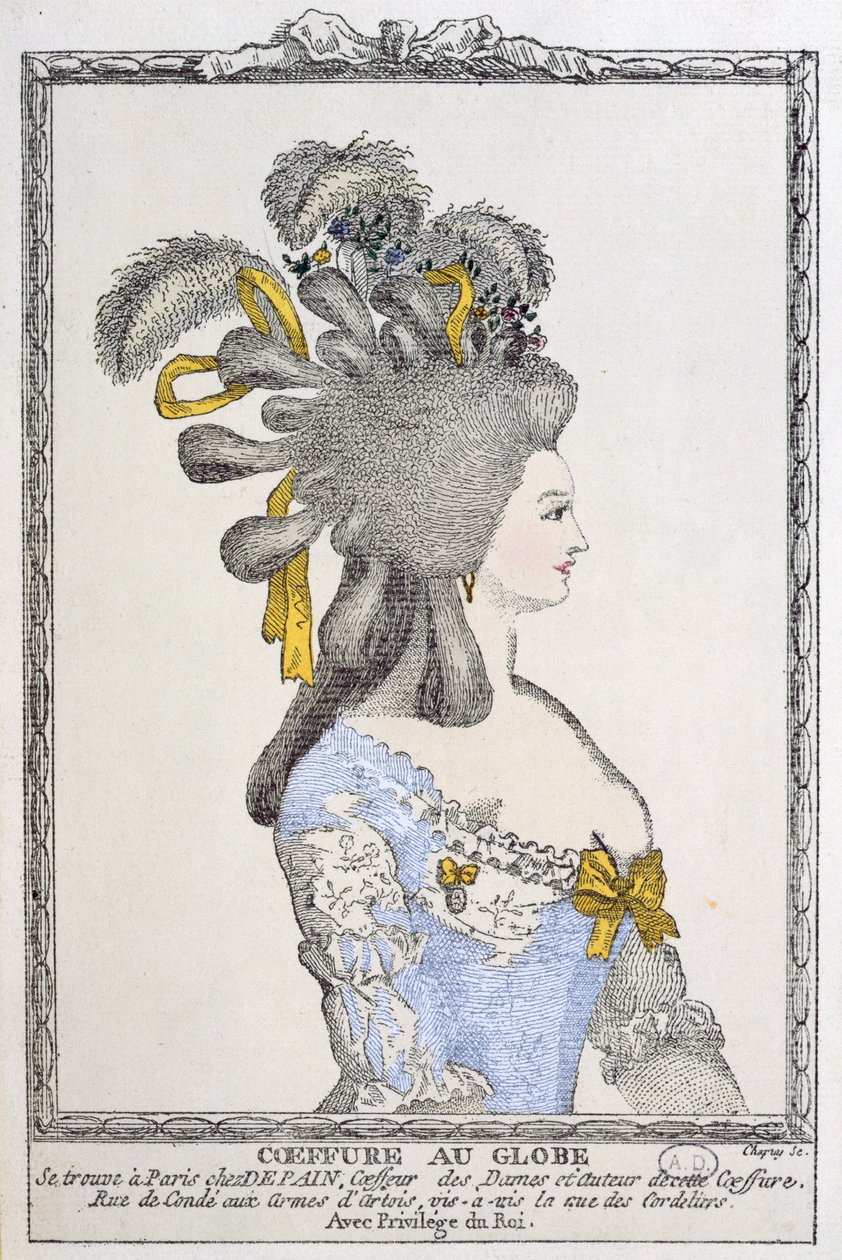 Päähine Globe-tapahtumassa, noin 1780 (värikaiverrus). tekijältä Chapuy