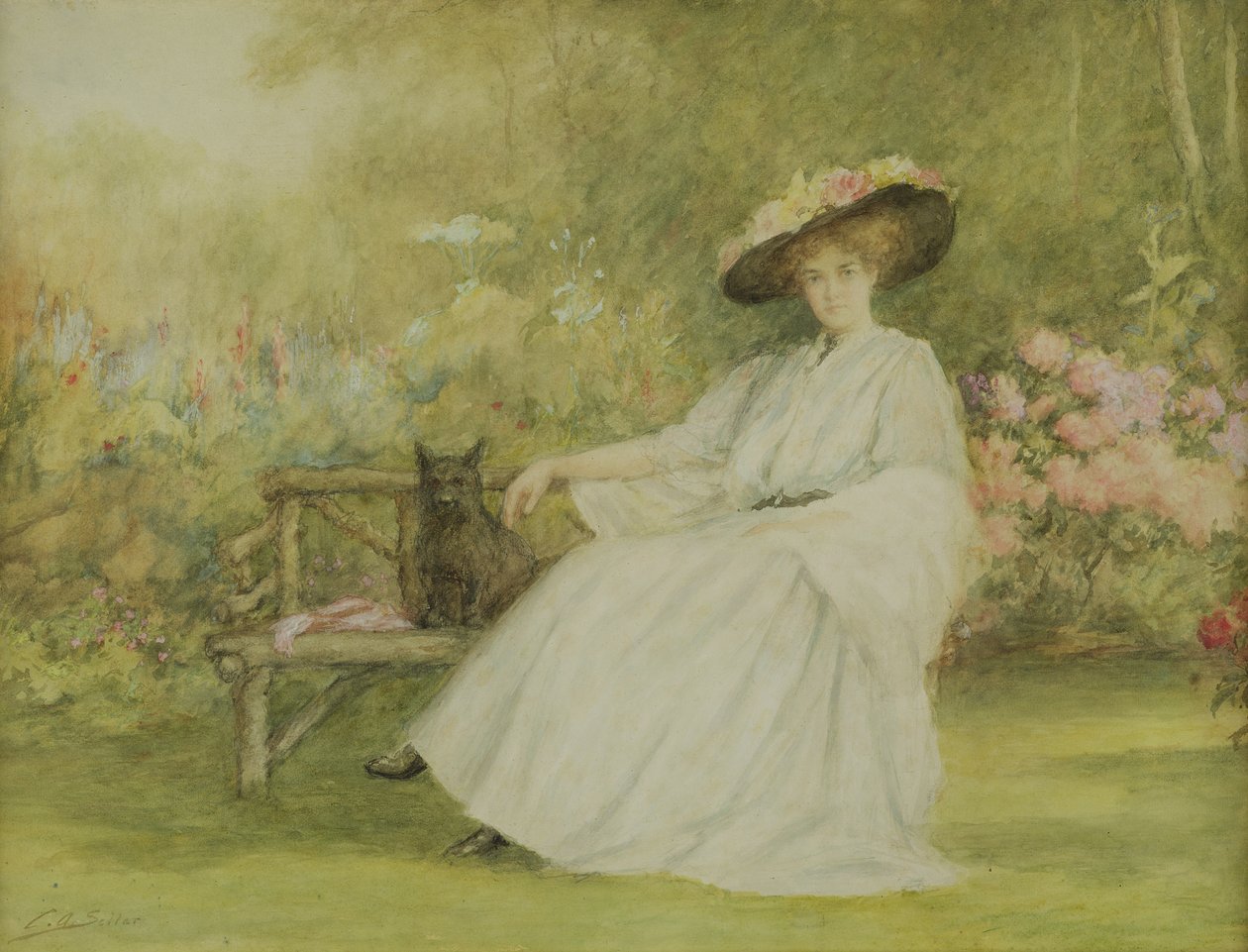 Lady ja hänen koiransa Corsham Courtissa, n. 1914 (kynä, wc ja guassi paperilla) tekijältä Charles A. Sellar