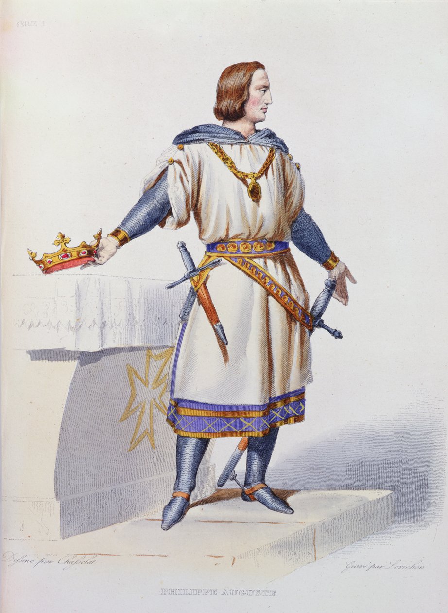 Ranskan kuninkaan Philip Augustus II:n (1165-1223) muotokuva, kaiverrus Constant Louis Lorichon, 1841 tekijältä Charles Abraham Chasselat