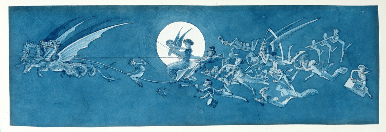 Lohikäärmevaunut ja keijut ylittävät kuun (kynä, muste ja wc paperilla) tekijältä Charles Altamont Doyle