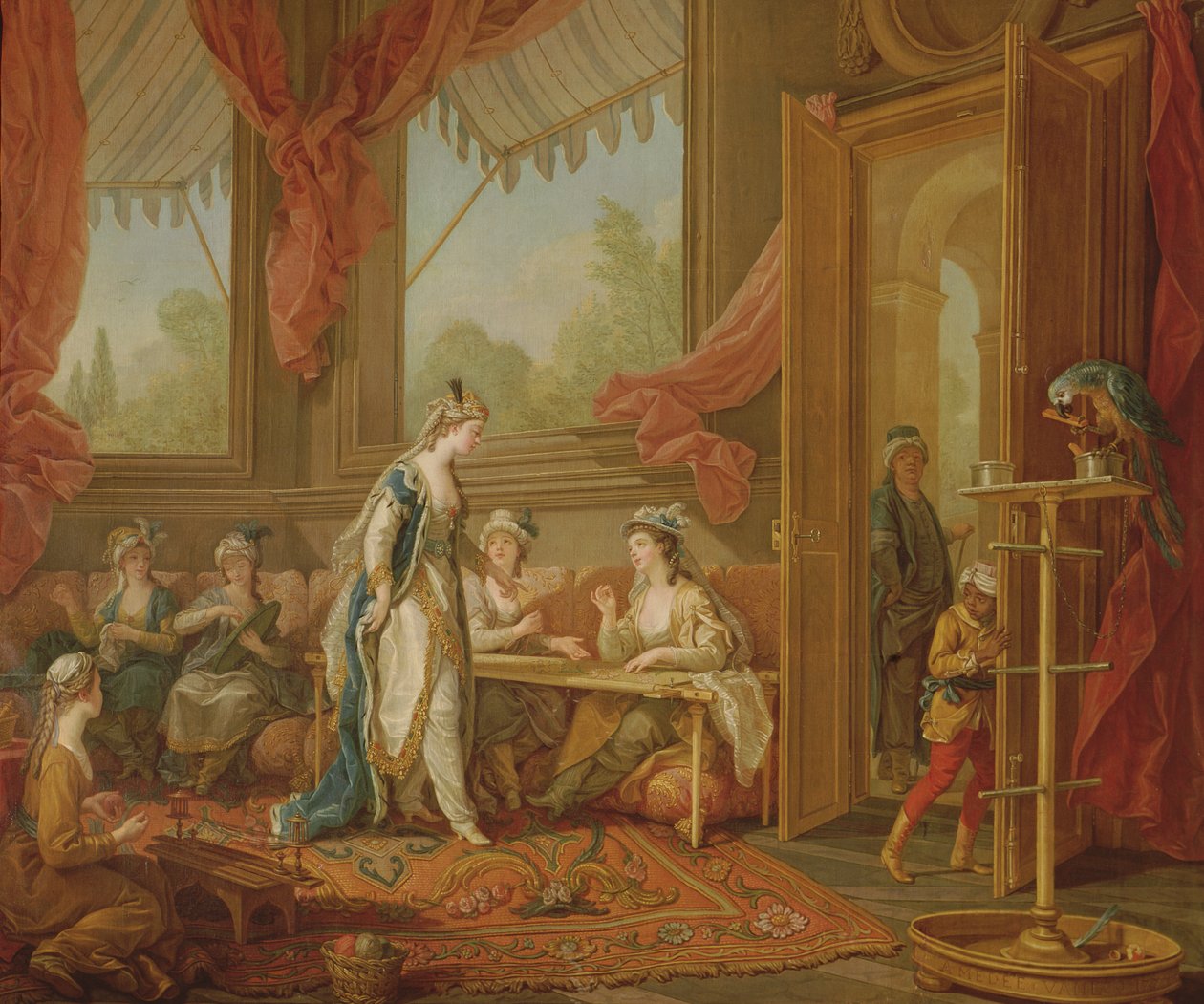 Sultana tilaa seinävaatteita odaliskoilta. tekijältä Charles Amedee Philippe van Loo