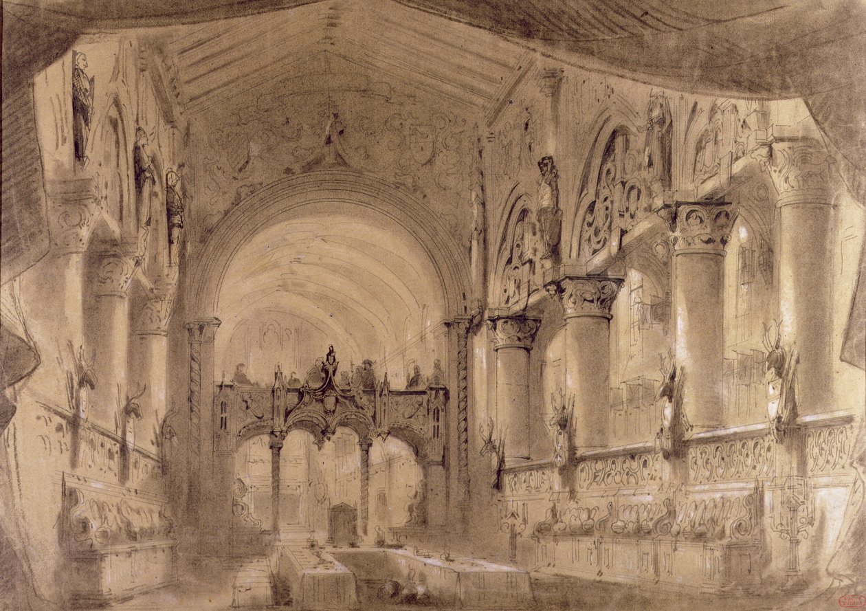 Lavastus II näytökseen Giuseppe Verdin (1813-1901) oopperan "Macbeth" esityksestä Theatre Lyriquessa, Chatelet, 1865 tekijältä Charles Antoine Cambon