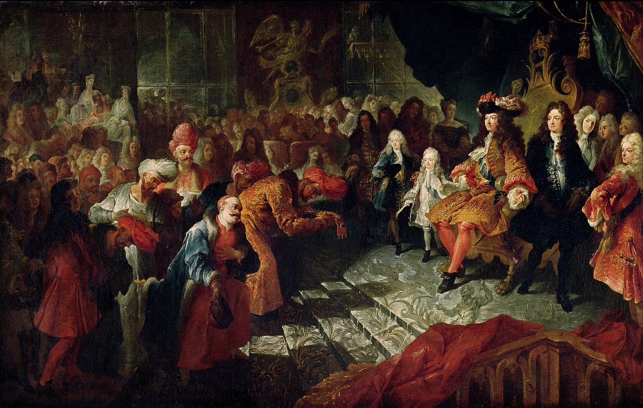 Ludvig XIV (1638-1715) vastaanottaa Persian suurlähettilään Mohammed Reza Begin Galerie des Glacesissa Versailles