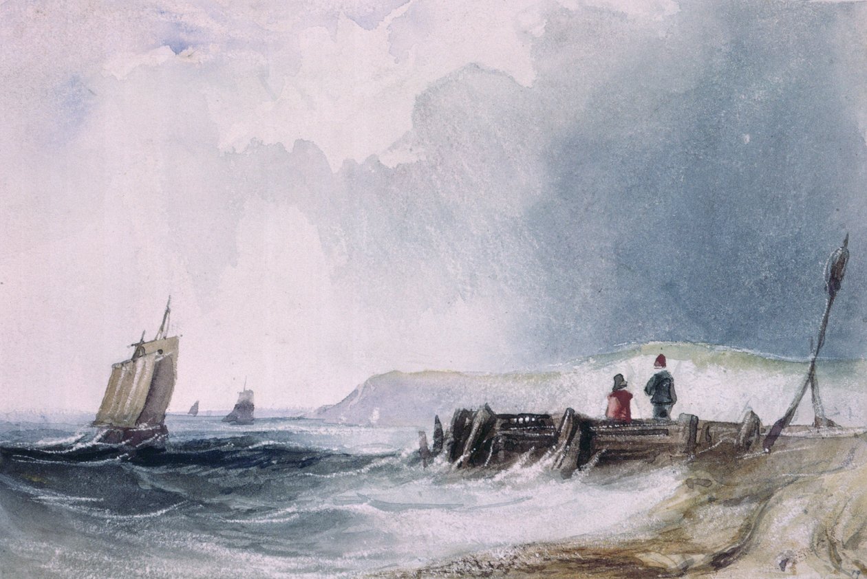 Coast Scene, jossa veneitä ja puinen laituri tekijältä Charles Bentley