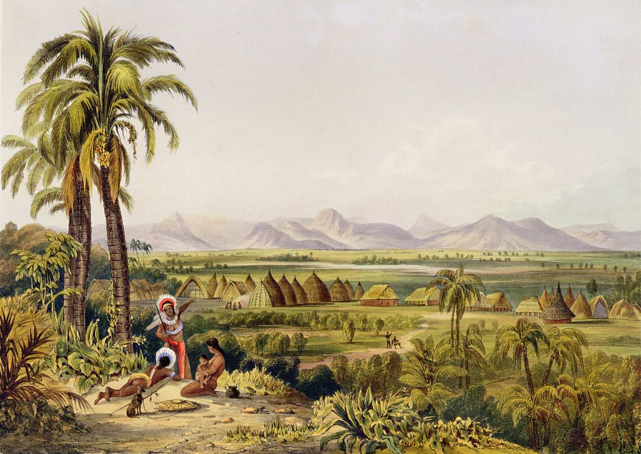 Pirara ja Amucujärvi, Eldoradon paikka, painanut Georges Barnard, Robert Herman Schomburgkin (1804-65) teoksesta "Kaksitoista näkymää Guyanan sisätiloihin", julkaistu 1840 (käsinvärinen litografia) tekijältä Charles Bentley
