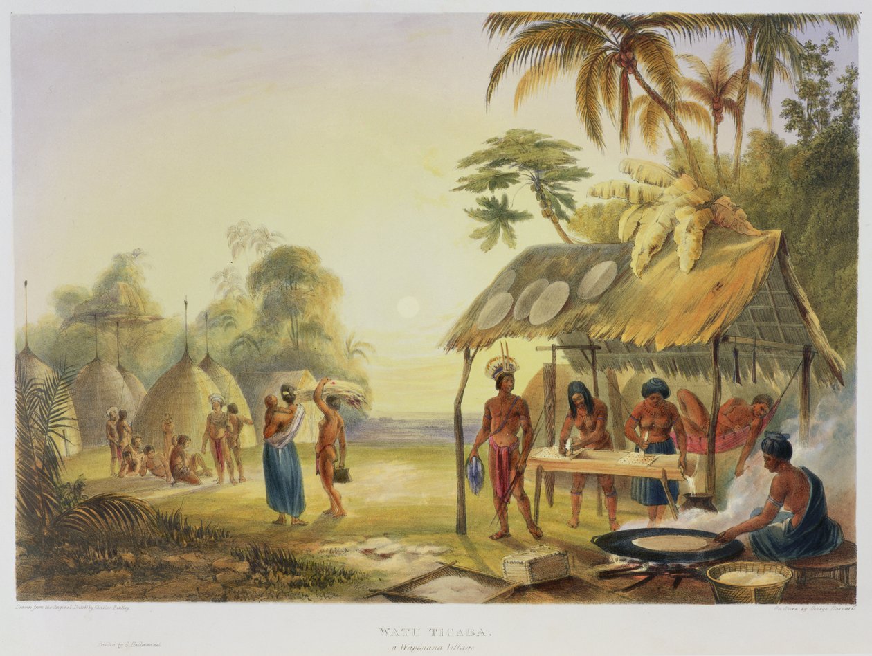 Watu Ticaba, wapisianalainen kylä, teoksesta "Näkymät Guayanan sisätiloissa", kaiverrus George Barnard (fl.1832-90) pub. kirjoittanut Ackermann, 1840 tekijältä Charles Bentley