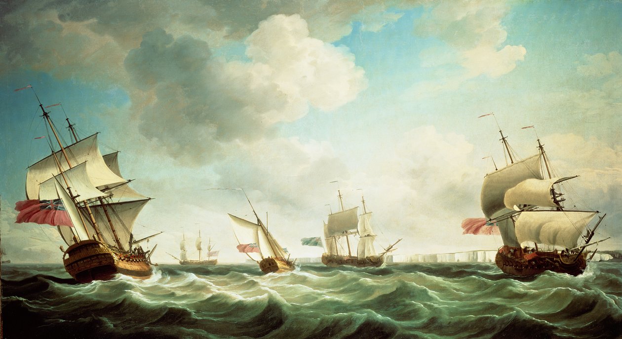 East Indianmen ja takilallinen Royal Yacht tuulessa Downsista tekijältä Charles Brooking