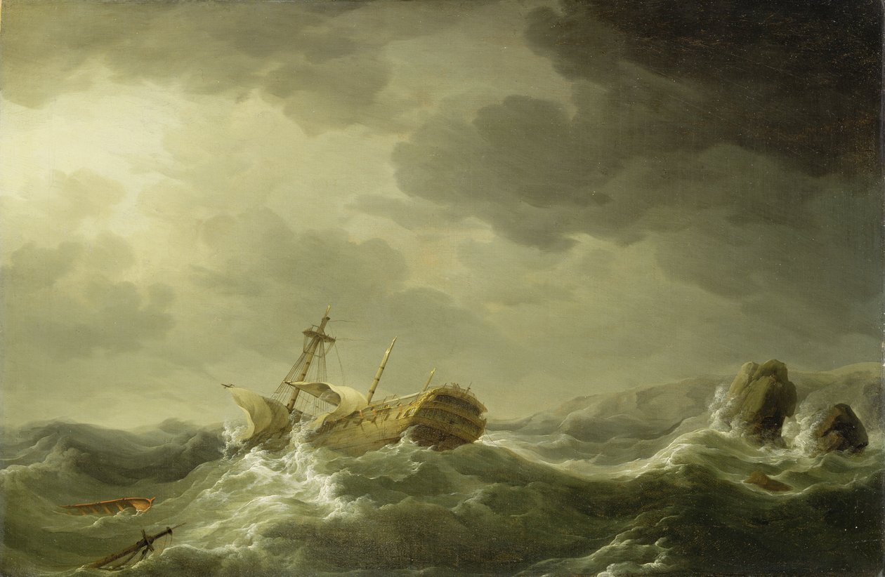 Kalliorannikolle haaksirikkoutunut laiva, noin 1747-50. tekijältä Charles Brooking