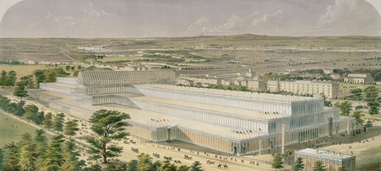 Ilmailunäkymä Teollisuuspalatsille kaikille kansoille, Kensington Gardensin pubista. Ackermann, 1851 tekijältä Charles Burton