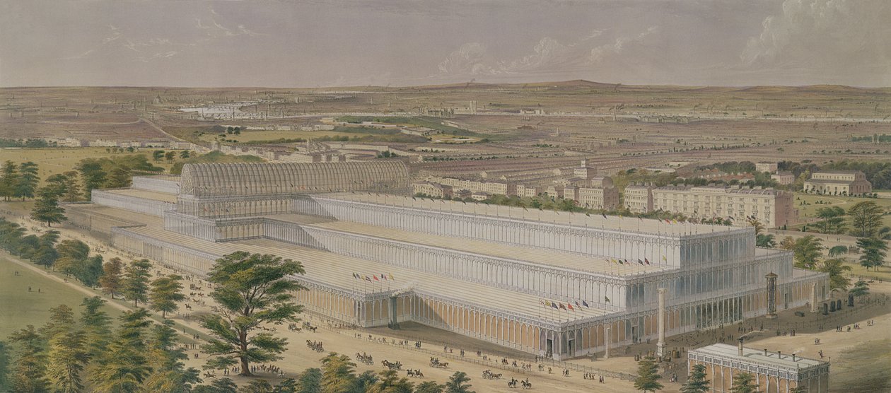 Ilmailunäkymä Teollisuuspalatsille kaikille kansoille Kensington Gardensista, taiteilijan kaivertama, pubi. 1851 tekijältä Charles Burton