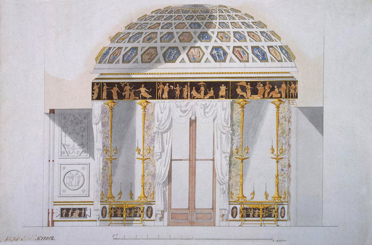 Suunnittelu Jaspis-kaappiin Akaattipaviljonkiin Tsarskoje Selossa, n. 1780 (kynä ja muste wc:llä paperilla) tekijältä Charles Cameron