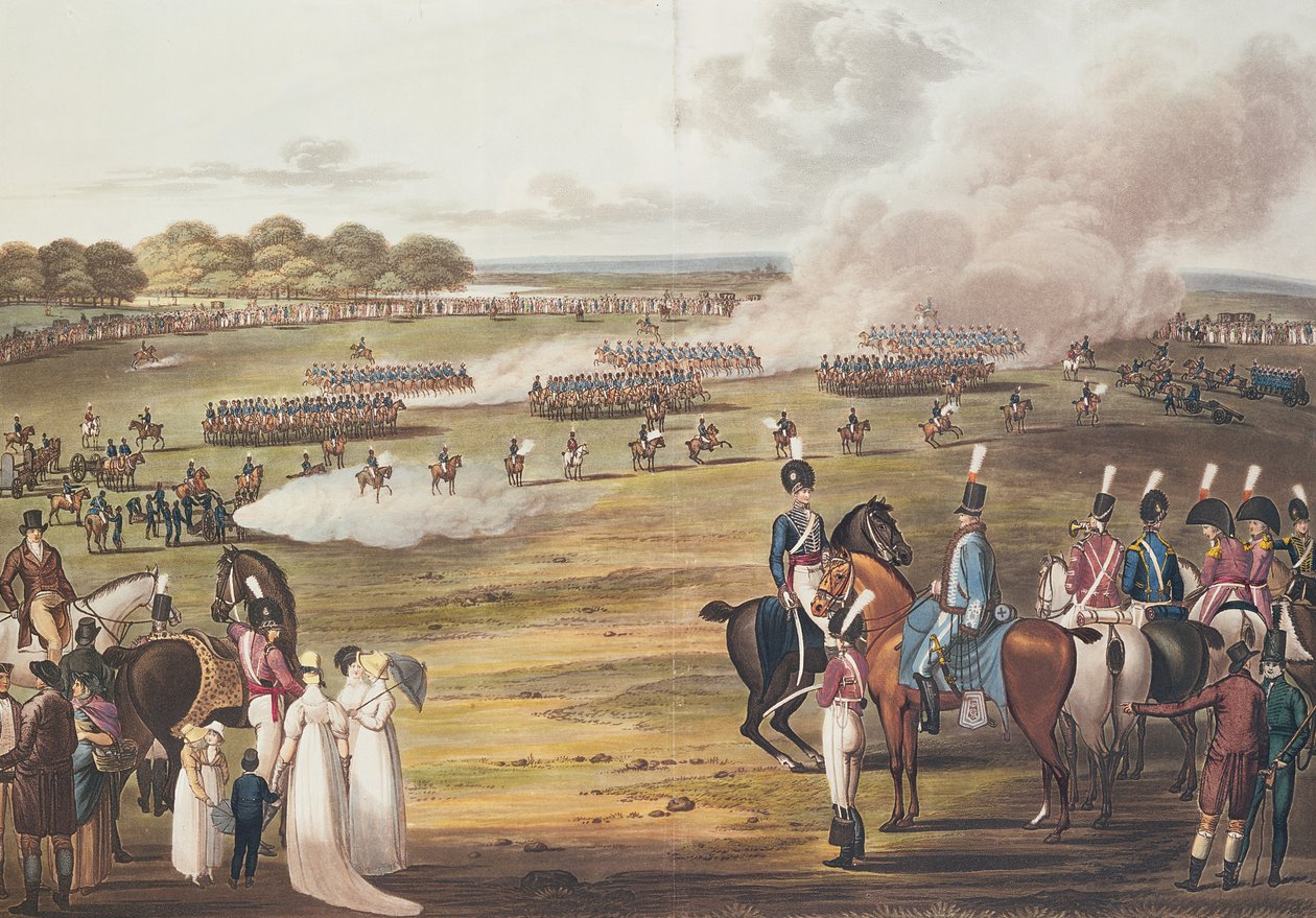 Näkymä Lontoon vapaaehtoisen ratsuväen ja lentävästä tykistöstä, 1805 tekijältä Charles Cranmer