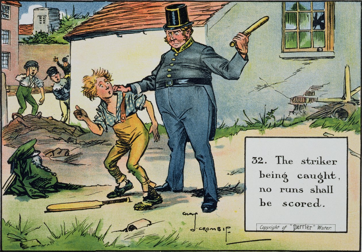 (32) Kun hyökkääjä jää kiinni, juoksuja ei lasketa, julkaisusta "Laws of Cricket", julkaistu 1910 tekijältä Charles Crombie