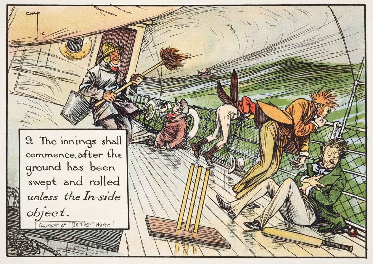 (9) Sisävuorot alkavat sen jälkeen, kun maa on lakaistu ja rullattu, ellei In-side-objekti, "Laws of Cricket", julkaistu 1910 tekijältä Charles Crombie