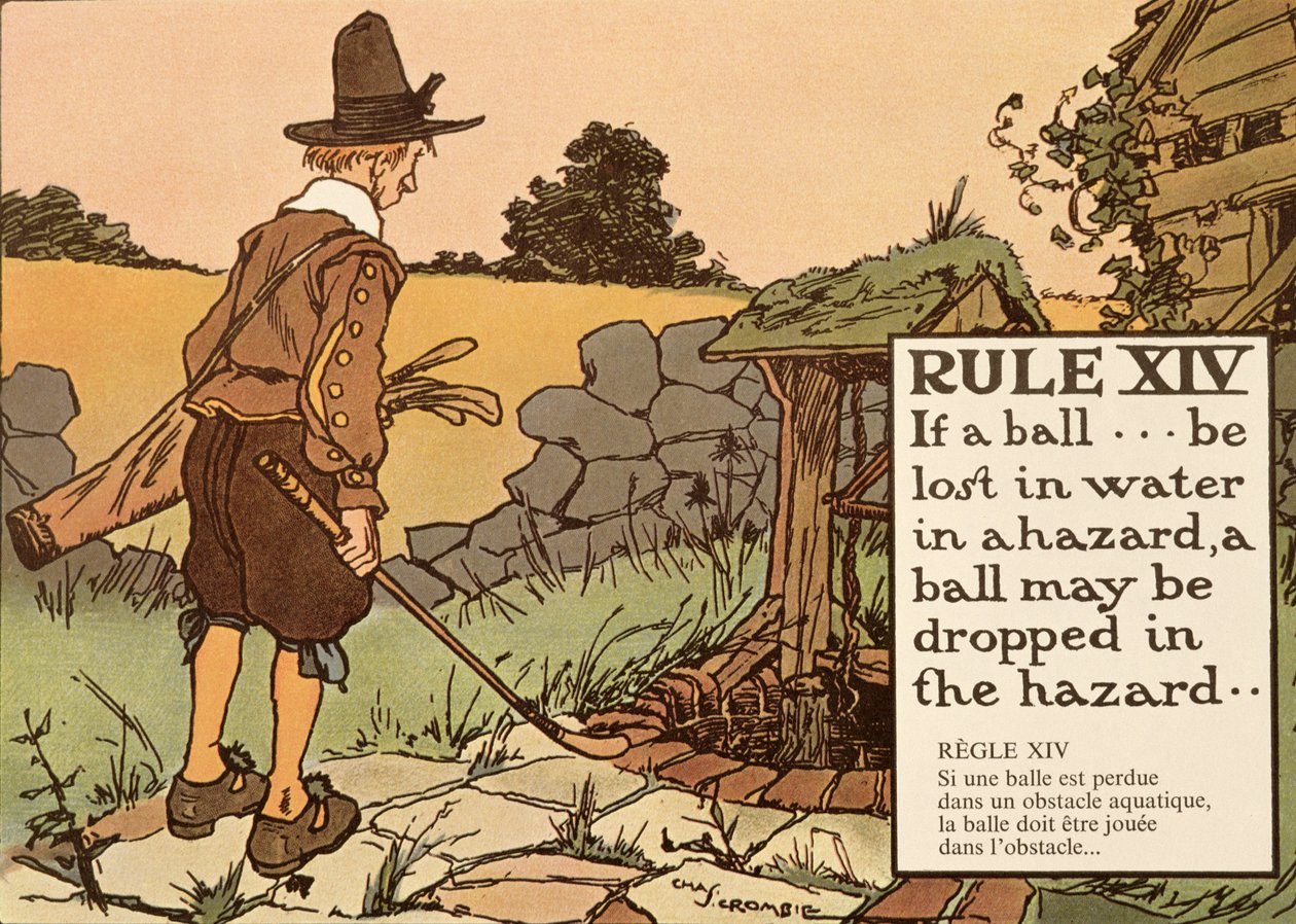 Sääntö XIV: Jos pallo menetetään veteen vaarassa, pallo voidaan pudottaa vaaraan, "Rules of Golf", julkaistu n. 1905, Sääntö XIV: Jos pallo menetetään veteen vaarassa, pallo voidaan pudottaa vaaraan. tekijältä Charles Crombie