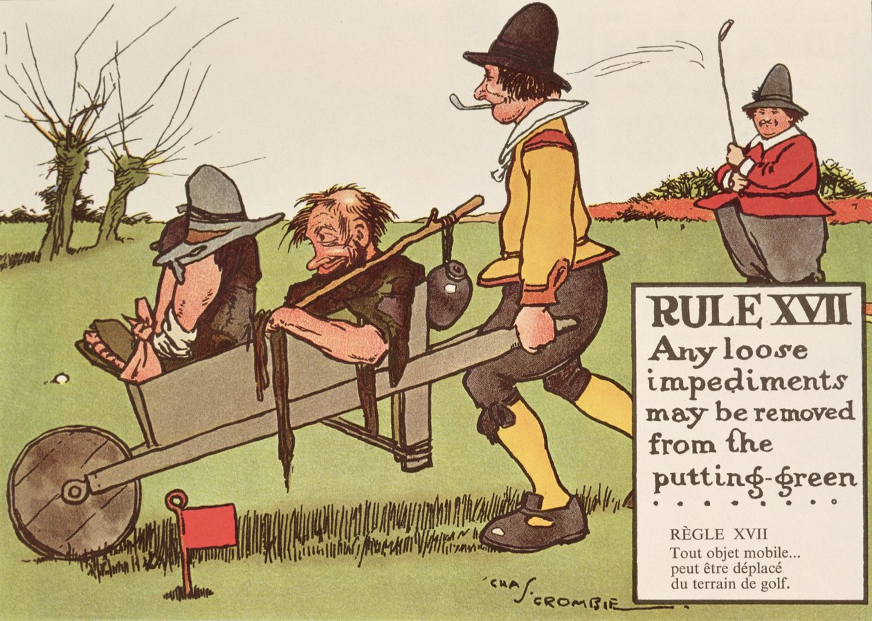 Sääntö XVII: Kaikki irtonaiset esteet voidaan poistaa viheriöltä, "Rules of Golf", julkaistu noin 1905. tekijältä Charles Crombie