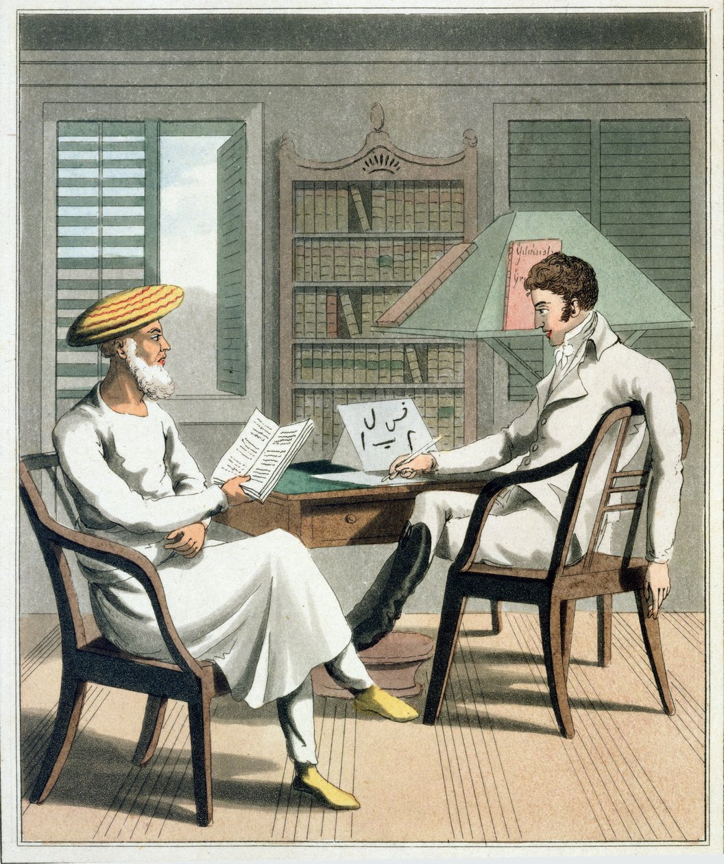 Eurooppalainen herrasmies Moonsheen tai äidinkielten professorinsa kanssa, levy 1 julkaisusta "Eurooppalainen Intiassa", julkaistu 1813 (käsinvärinen akvatinta) tekijältä Charles d Oyly