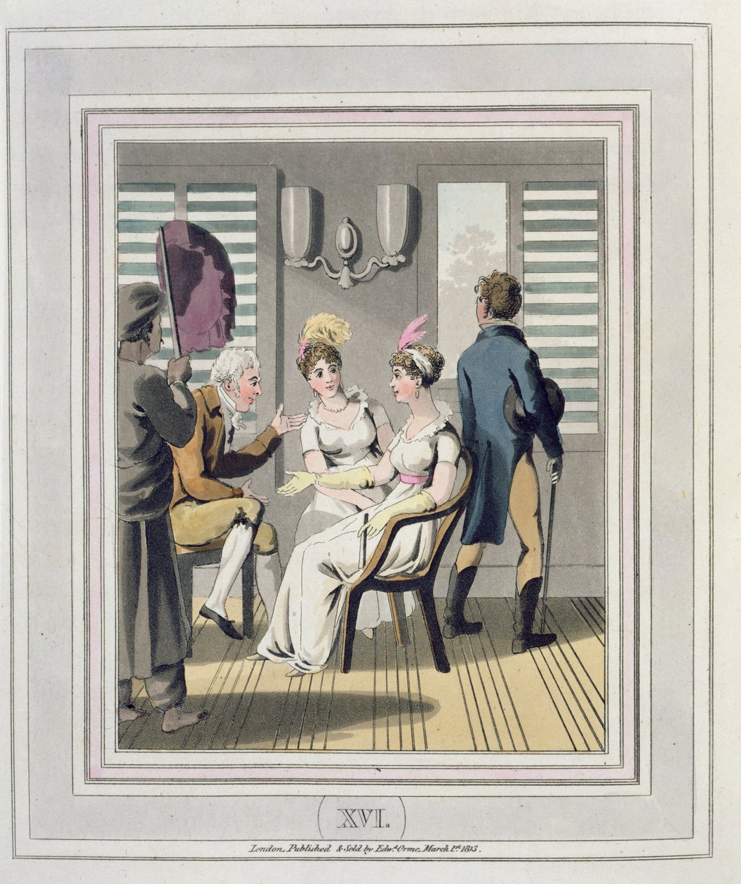 Eurooppalainen nainen, jossa palvelija, kädellä Punkah tai viuhka, levy 16 teoksesta "Eurooppalainen Intiassa", julkaistu 1813 (käsinvärinen akvatinta) tekijältä Charles d Oyly