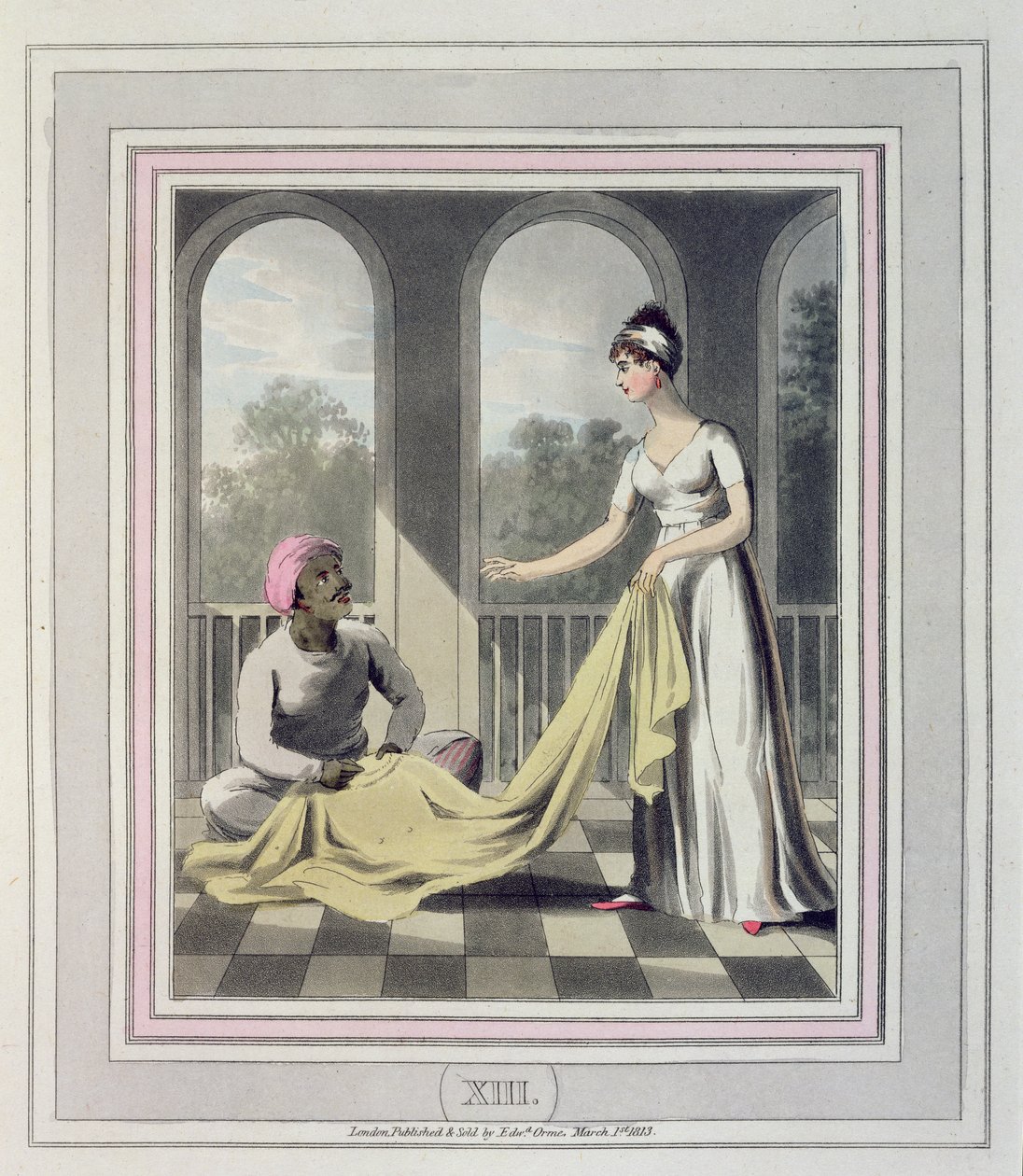 Eurooppalainen nainen antaa ohjeita Durzeelle eli alkuasukkaan räätälille, kuva 13 teoksesta "The European in India", julkaistu 1813 (käsinvärjätty akvatintta). tekijältä Charles d Oyly