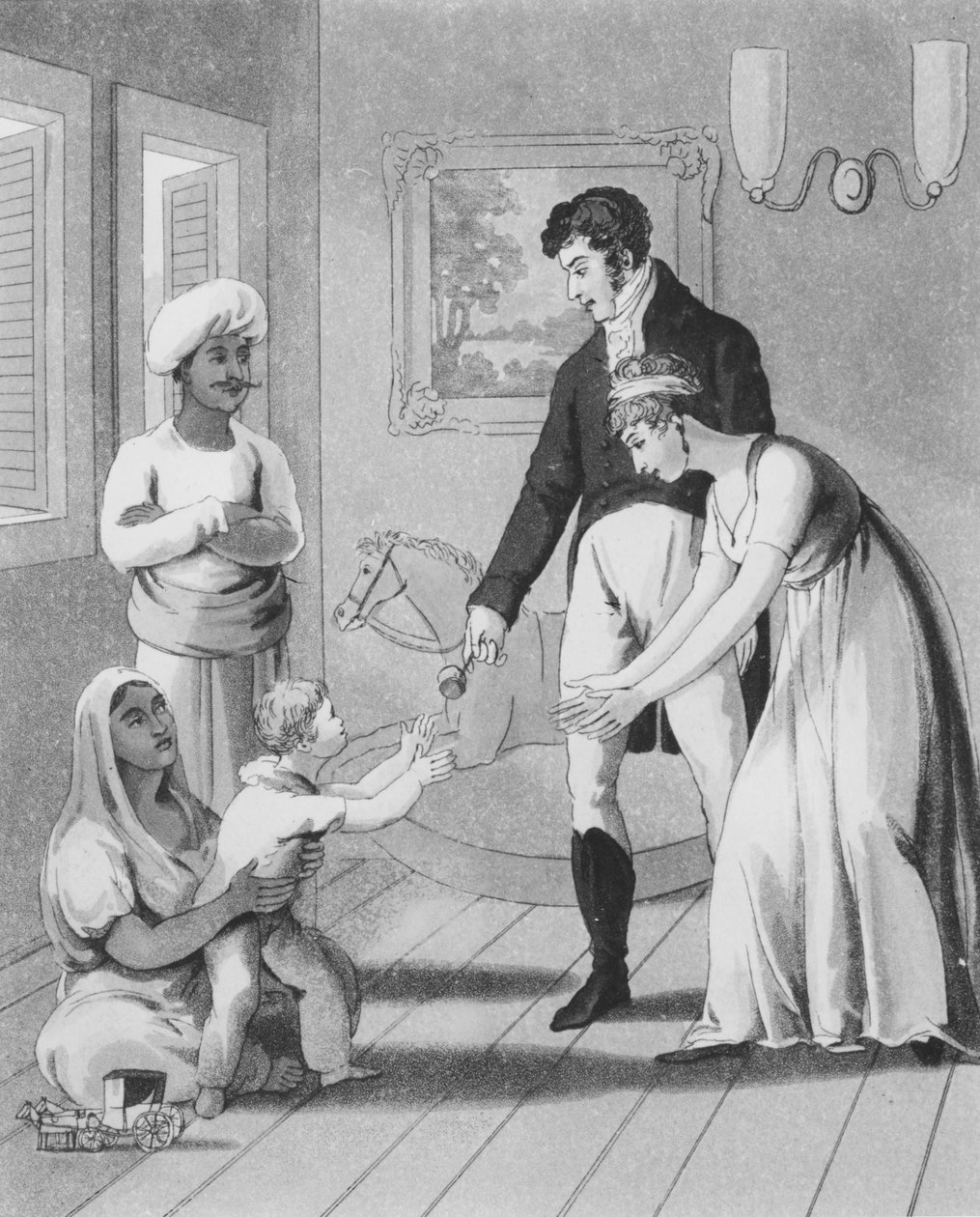 Eurooppalainen nainen ja hänen perheensä, mukana ayah eli sairaanhoitaja, levy 17 teoksesta "Eurooppalainen Intiassa", 1813 (akvatinta) tekijältä Charles d Oyly
